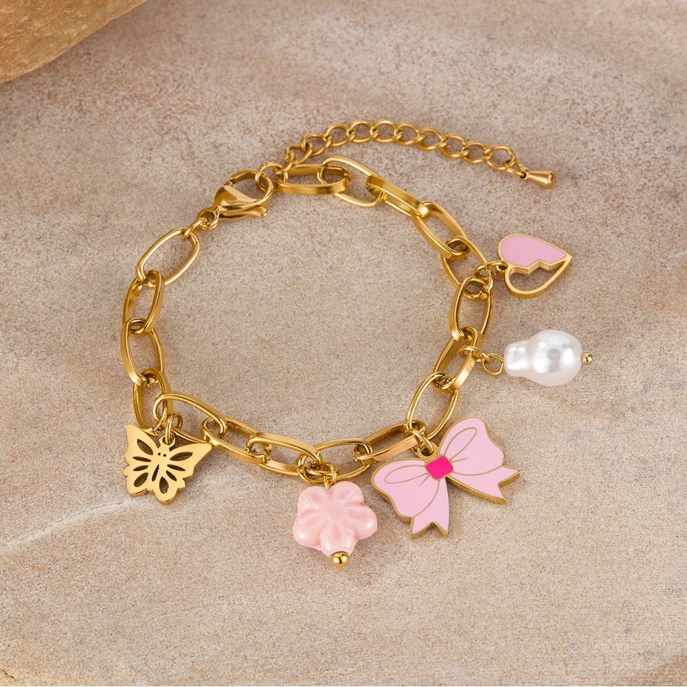 “New”18K Gold Plated Stainless Steel Charm Bracelet Pink Bow Butterfly Pearl
